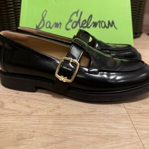 Sam Edelman Shiny Black Loafers with Gold Buckle